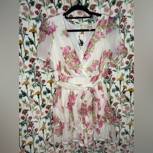 Blush White Mini Dress romper with Pink Floral Print